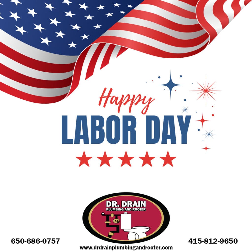 `Promotional banner showing Labor Day plumbing discounts from Dr. Drain Plumbing & Rooter in San Francisco